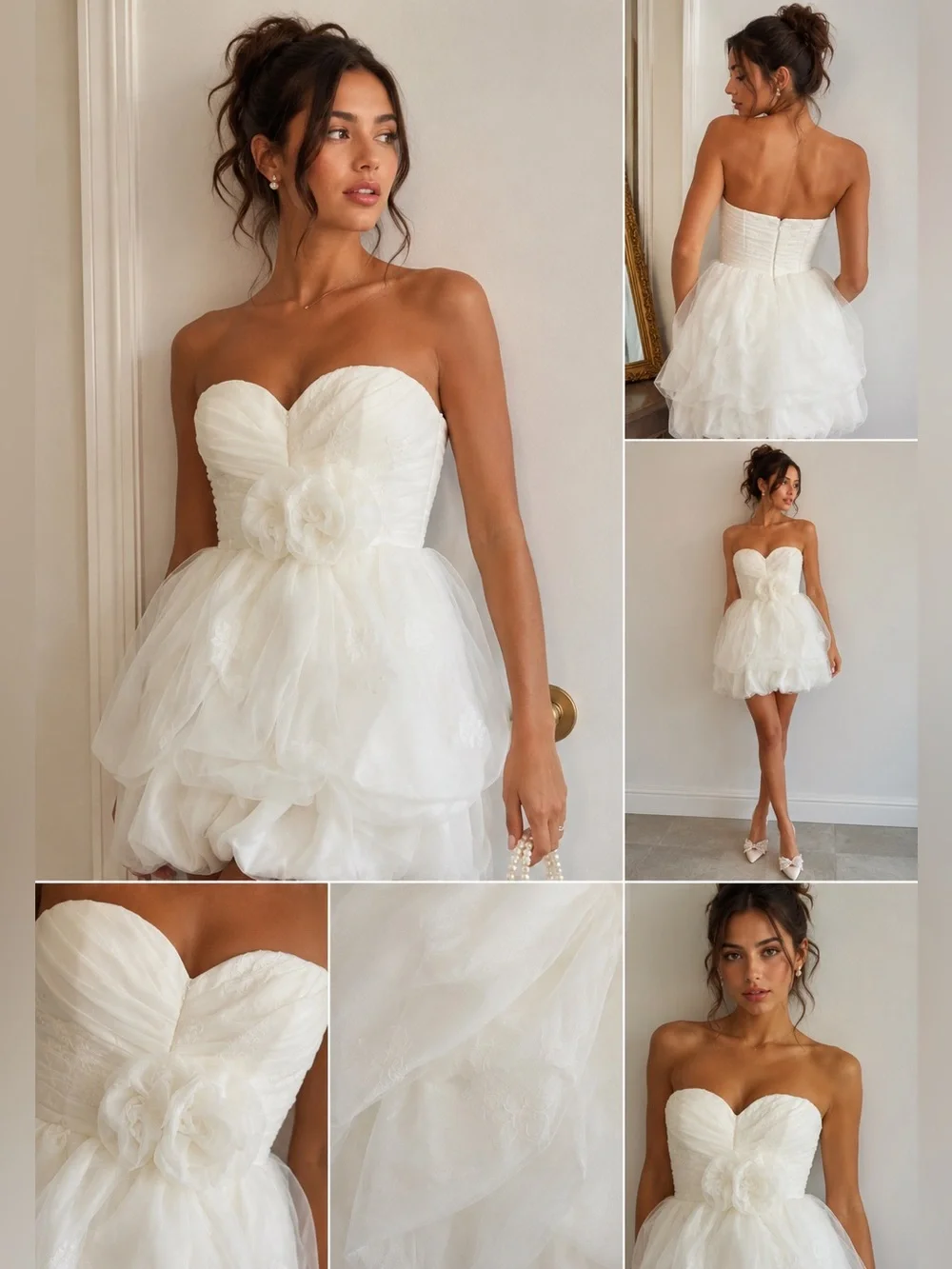 WHITE by Vera Wang Strapless Bubble Hem Rosette Dress NWT Size 0 & hair piece. - Picture 1 of 13